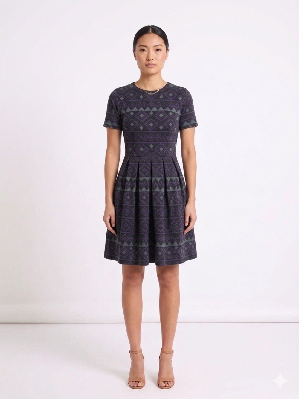 Women's Short-Sleeve Patterned Fit-and-Flare Dress in Dark Purple